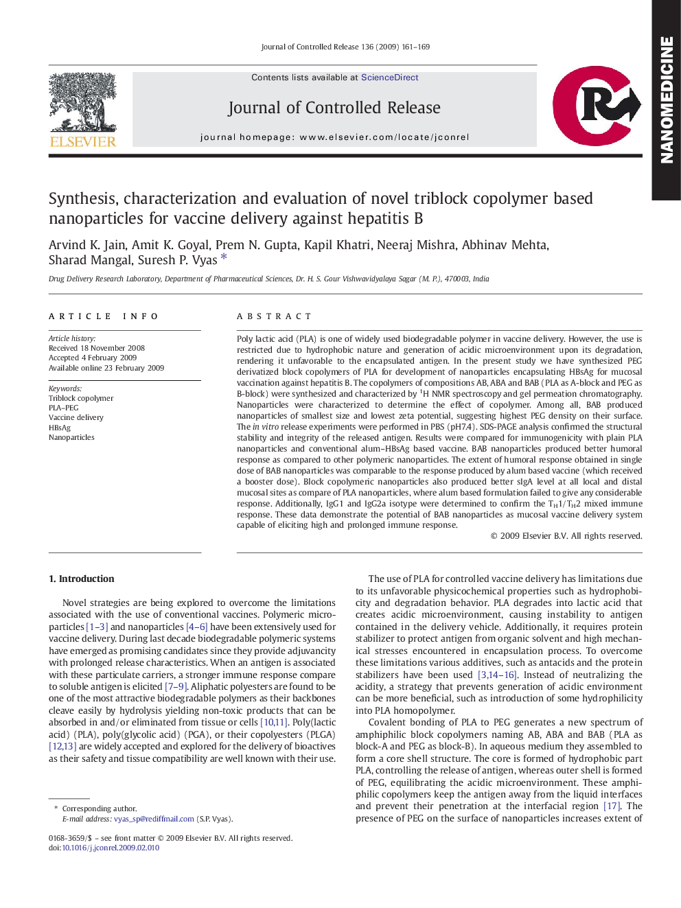 Synthesis, characterization and evaluation of novel triblock copolymer based nanoparticles for vaccine delivery against hepatitis B