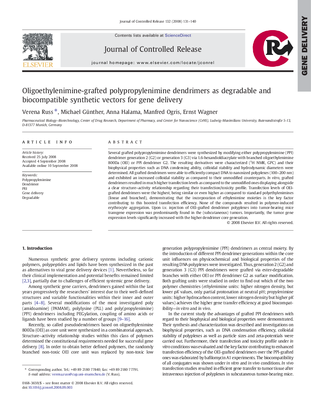 Oligoethylenimine-grafted polypropylenimine dendrimers as degradable and biocompatible synthetic vectors for gene delivery