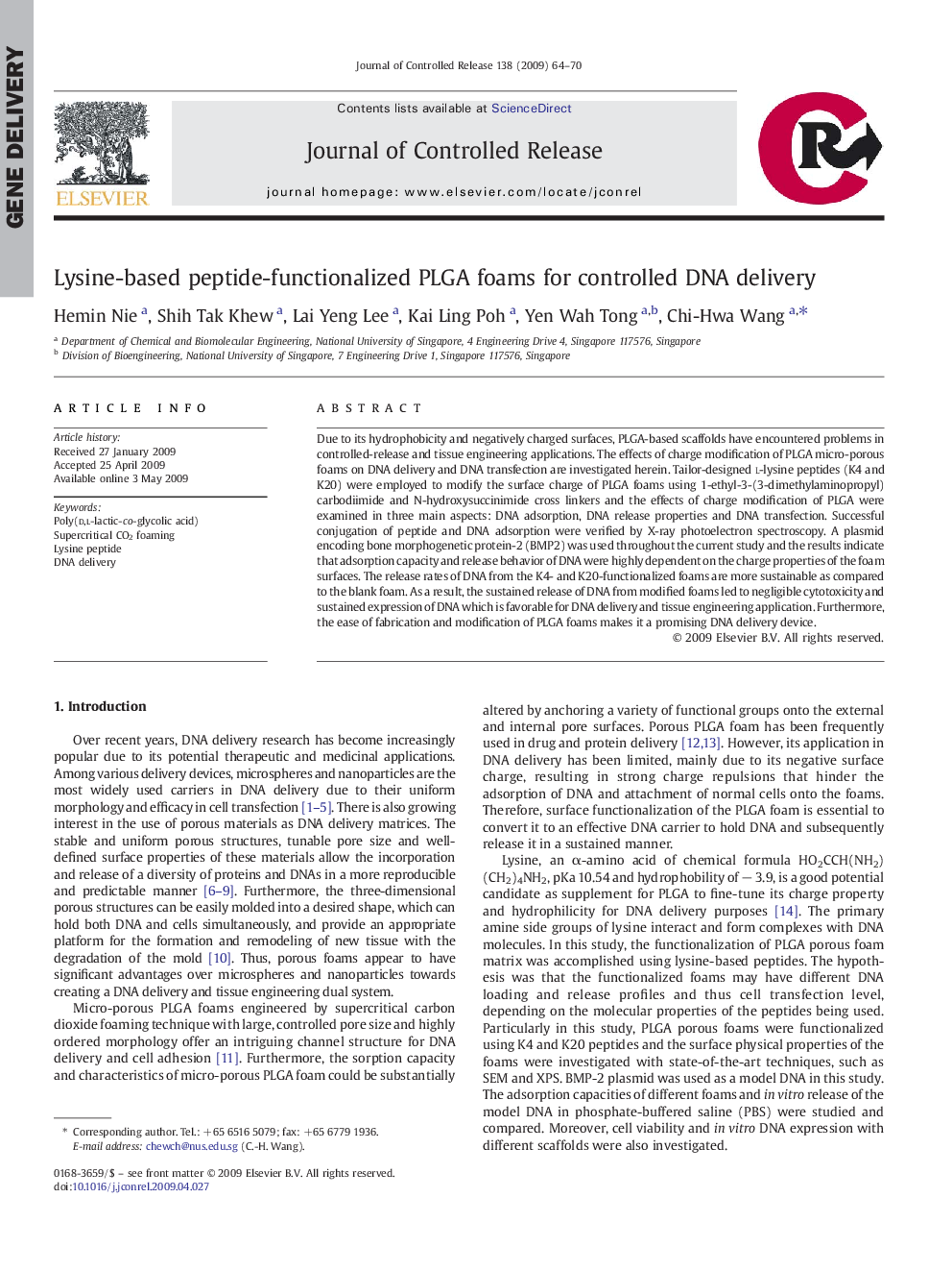 Lysine-based peptide-functionalized PLGA foams for controlled DNA delivery