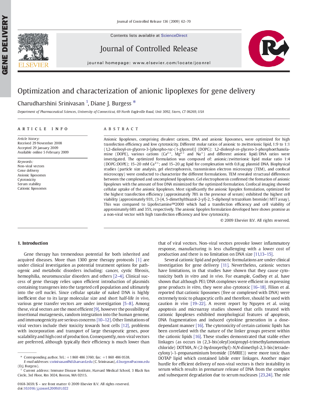 Optimization and characterization of anionic lipoplexes for gene delivery