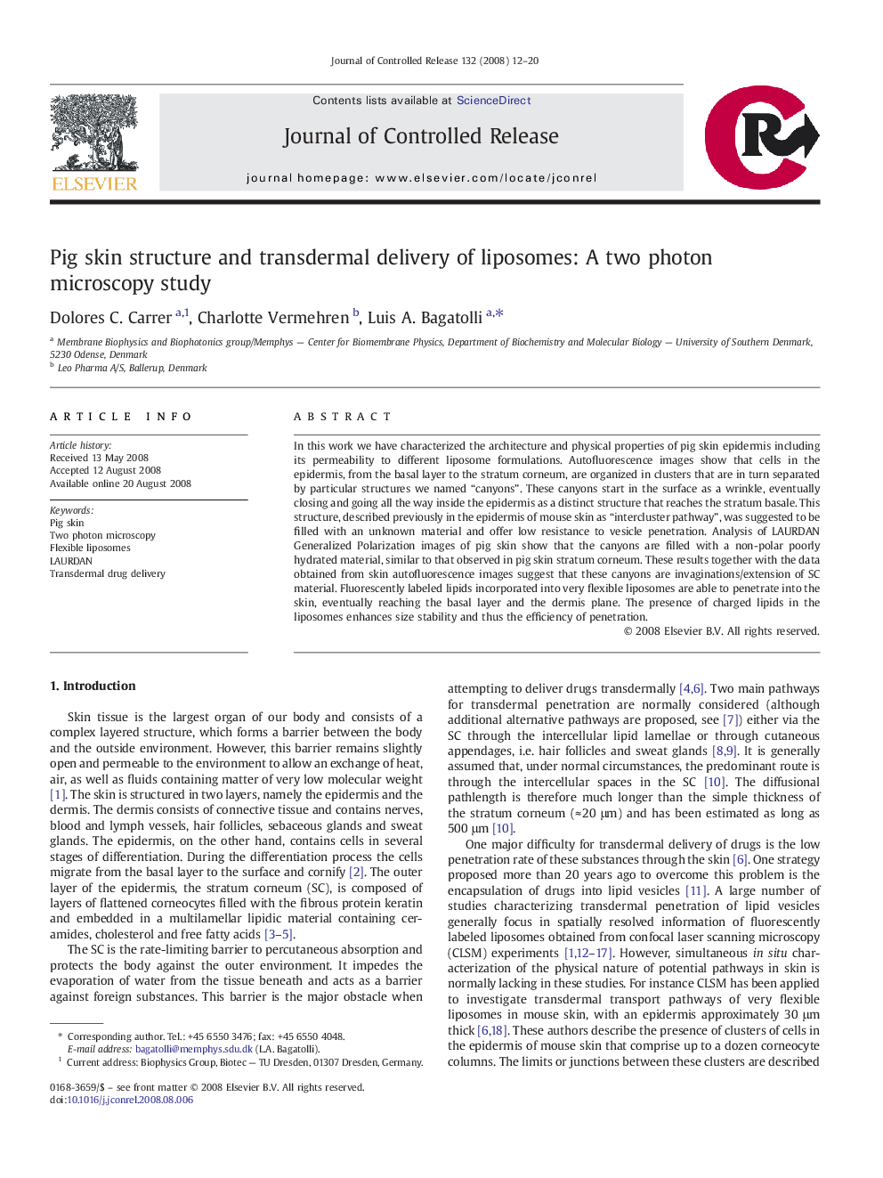 Pig skin structure and transdermal delivery of liposomes: A two photon microscopy study