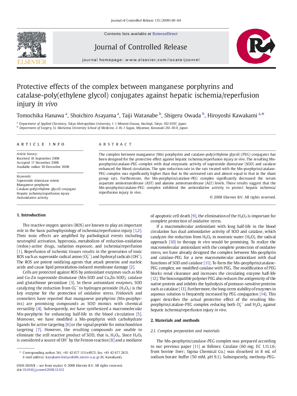 Protective effects of the complex between manganese porphyrins and catalase-poly(ethylene glycol) conjugates against hepatic ischemia/reperfusion injury in vivo