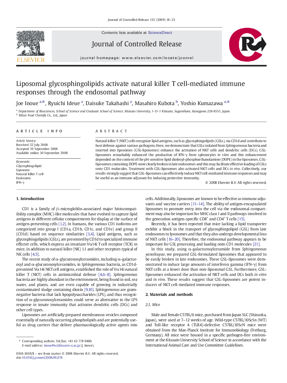 Liposomal glycosphingolipids activate natural killer T cell-mediated immune responses through the endosomal pathway