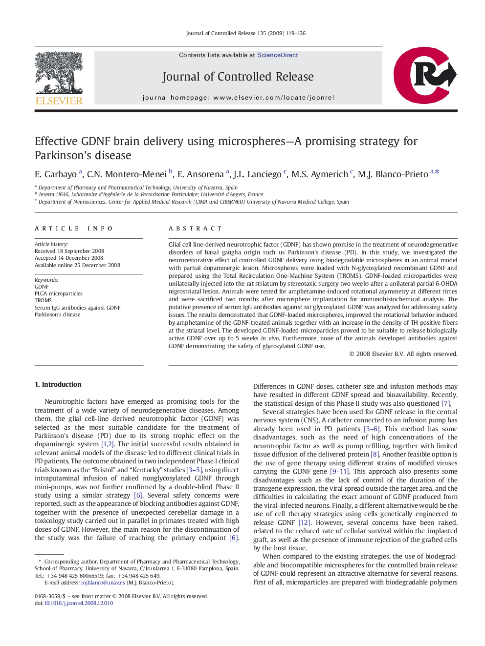 Effective GDNF brain delivery using microspheres—A promising strategy for Parkinson's disease