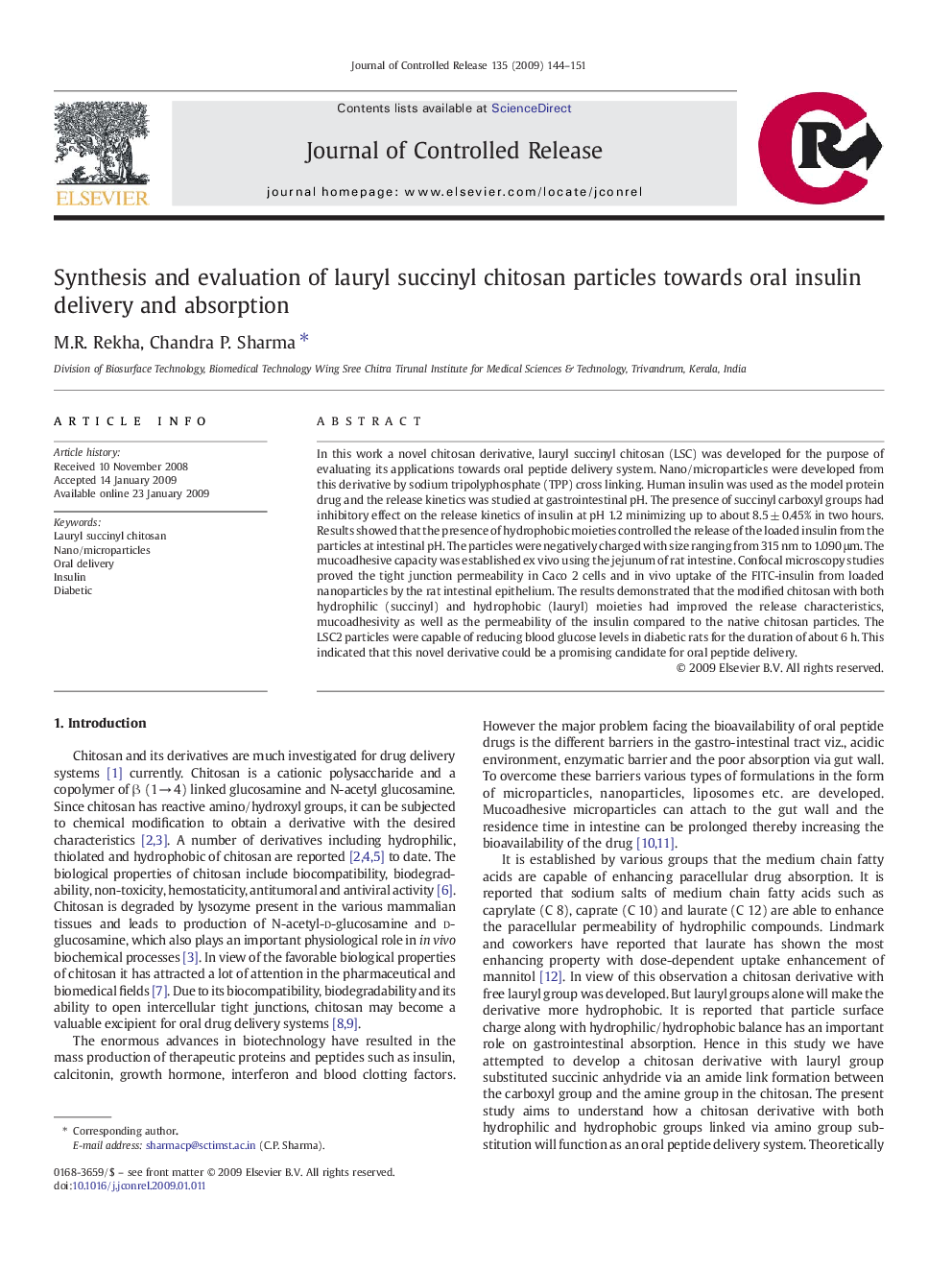 Synthesis and evaluation of lauryl succinyl chitosan particles towards oral insulin delivery and absorption