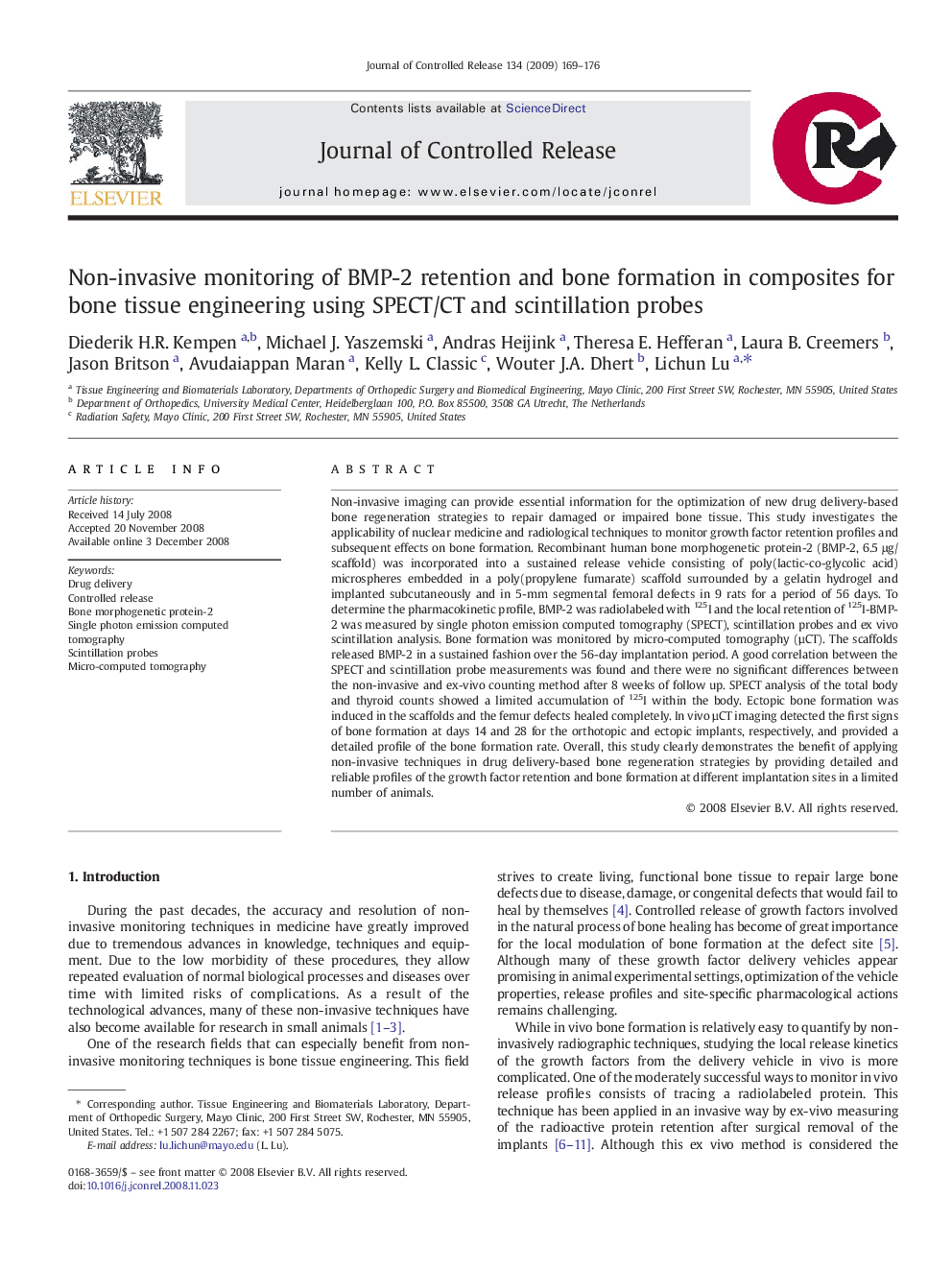 Non-invasive monitoring of BMP-2 retention and bone formation in composites for bone tissue engineering using SPECT/CT and scintillation probes