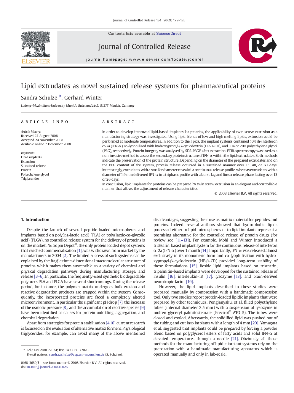 Lipid extrudates as novel sustained release systems for pharmaceutical proteins