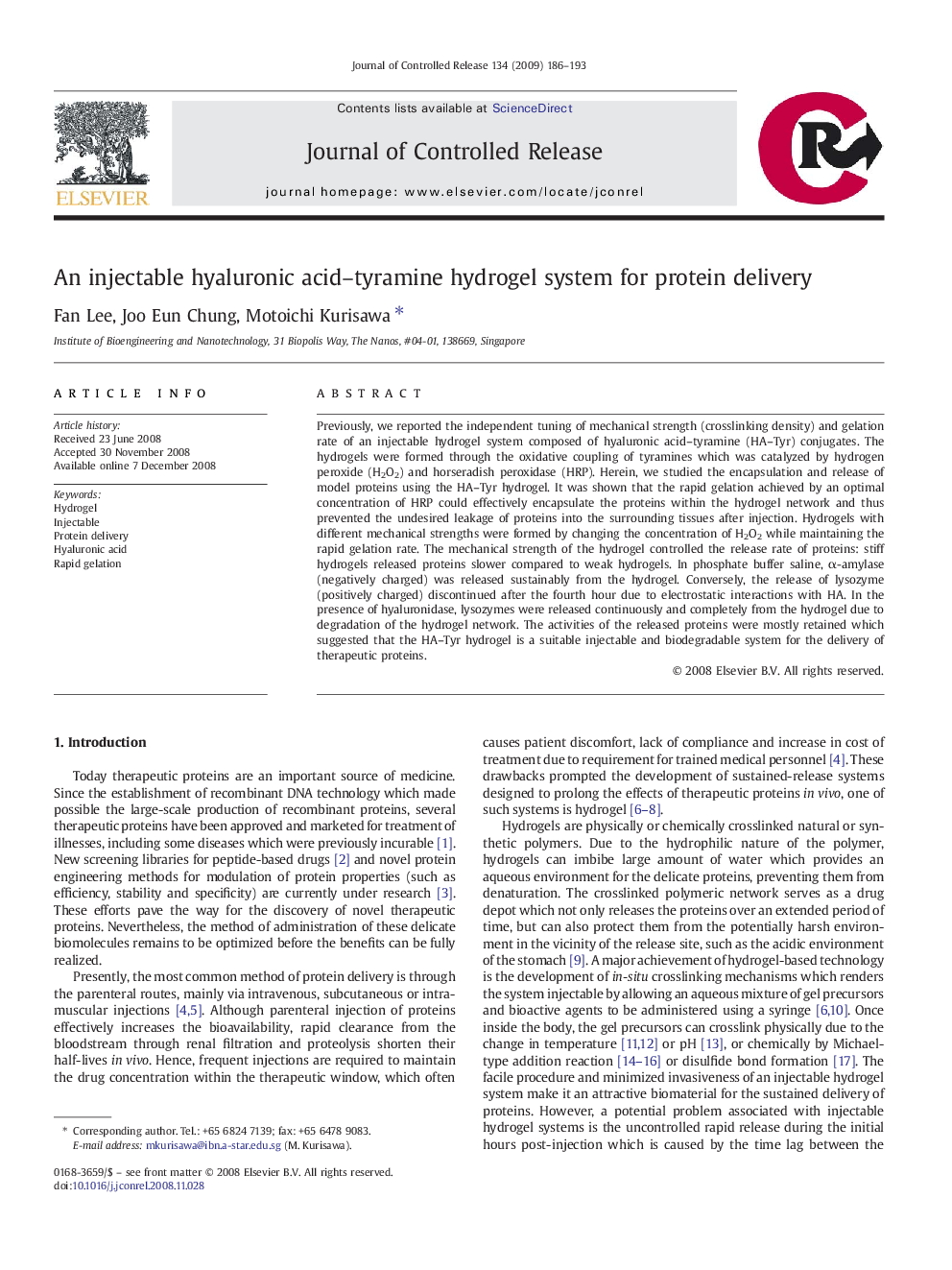 An injectable hyaluronic acid–tyramine hydrogel system for protein delivery