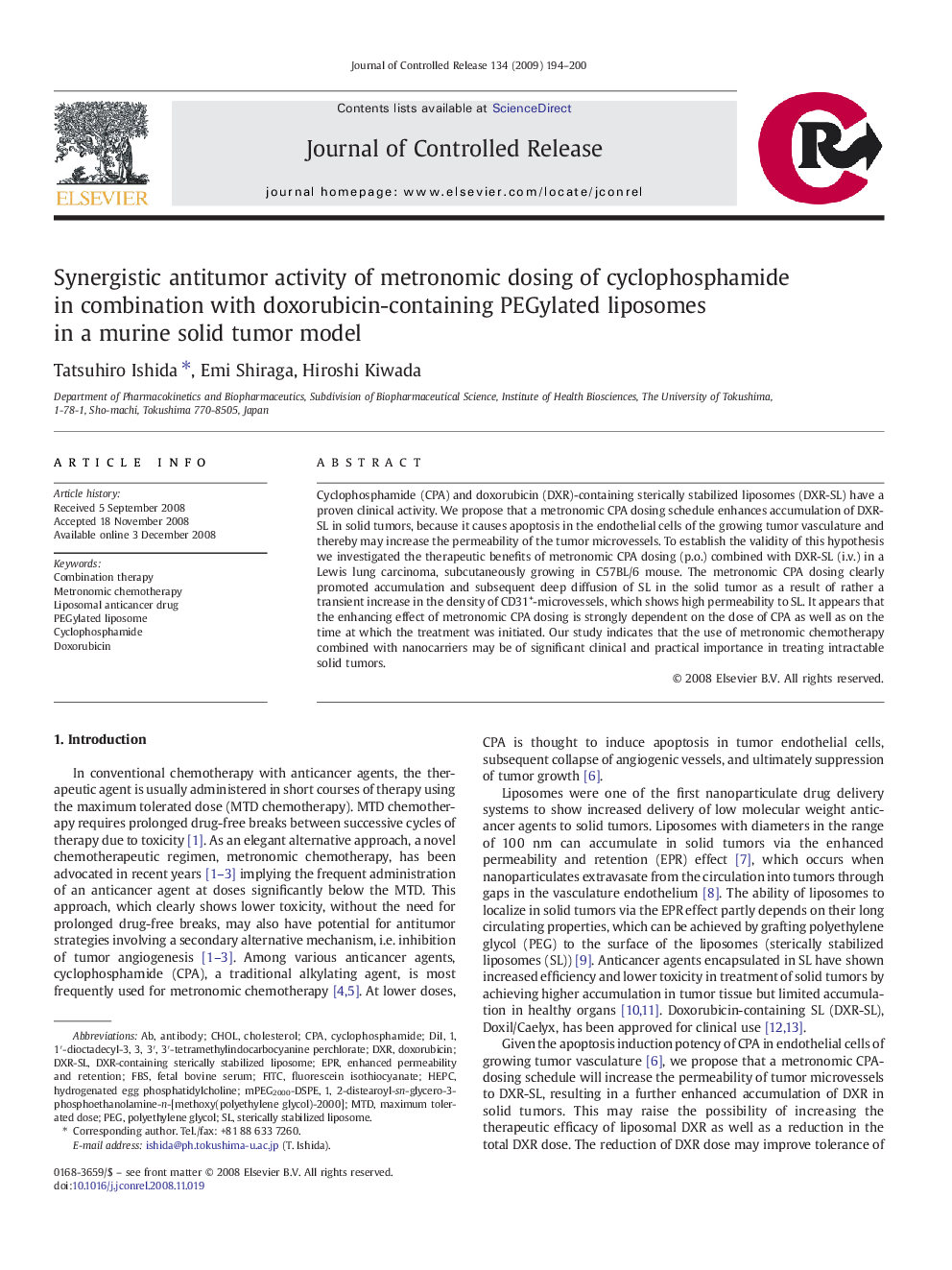 Synergistic antitumor activity of metronomic dosing of cyclophosphamide in combination with doxorubicin-containing PEGylated liposomes in a murine solid tumor model