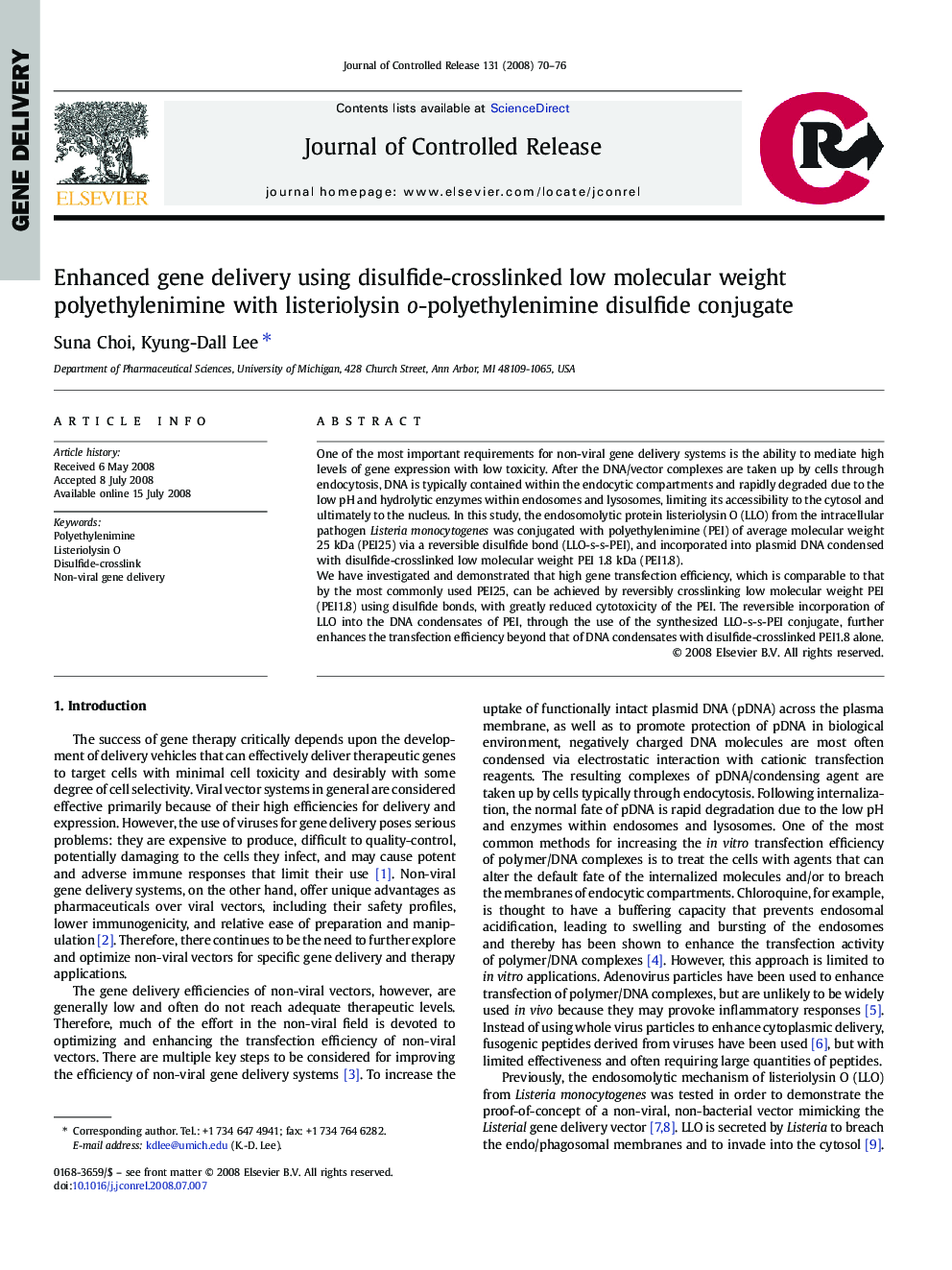 Enhanced gene delivery using disulfide-crosslinked low molecular weight polyethylenimine with listeriolysin o-polyethylenimine disulfide conjugate