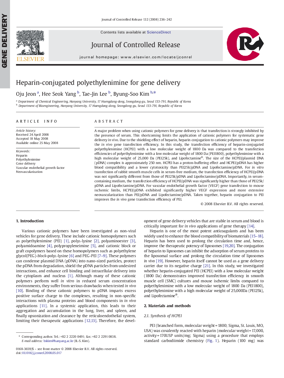 Heparin-conjugated polyethylenimine for gene delivery