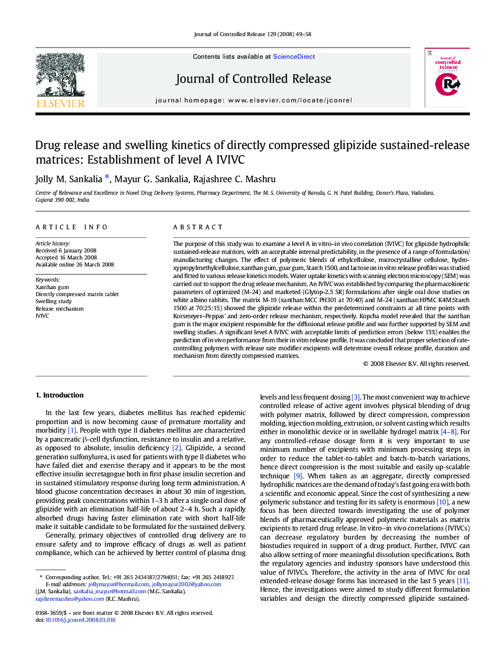 Drug release and swelling kinetics of directly compressed glipizide sustained-release matrices: Establishment of level A IVIVC