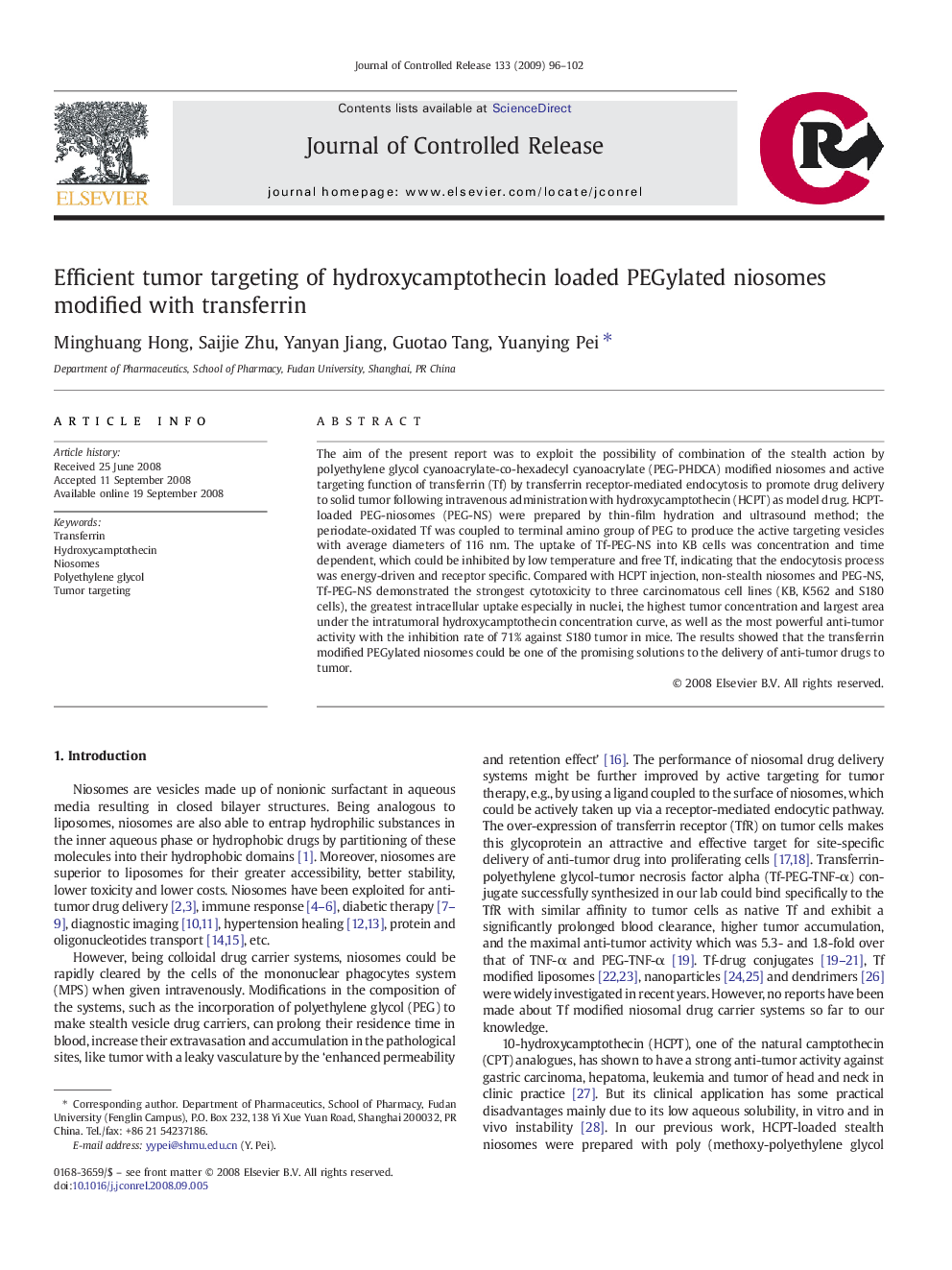 Efficient tumor targeting of hydroxycamptothecin loaded PEGylated niosomes modified with transferrin