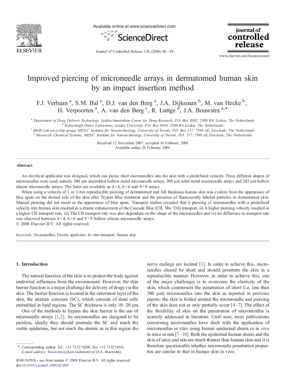 عکس صفحه اول مقاله: Improved piercing of microneedle arrays in dermatomed human skin by an impact insertion method Improved piercing of microneedle arrays in dermatomed human skin by an impact insertion method