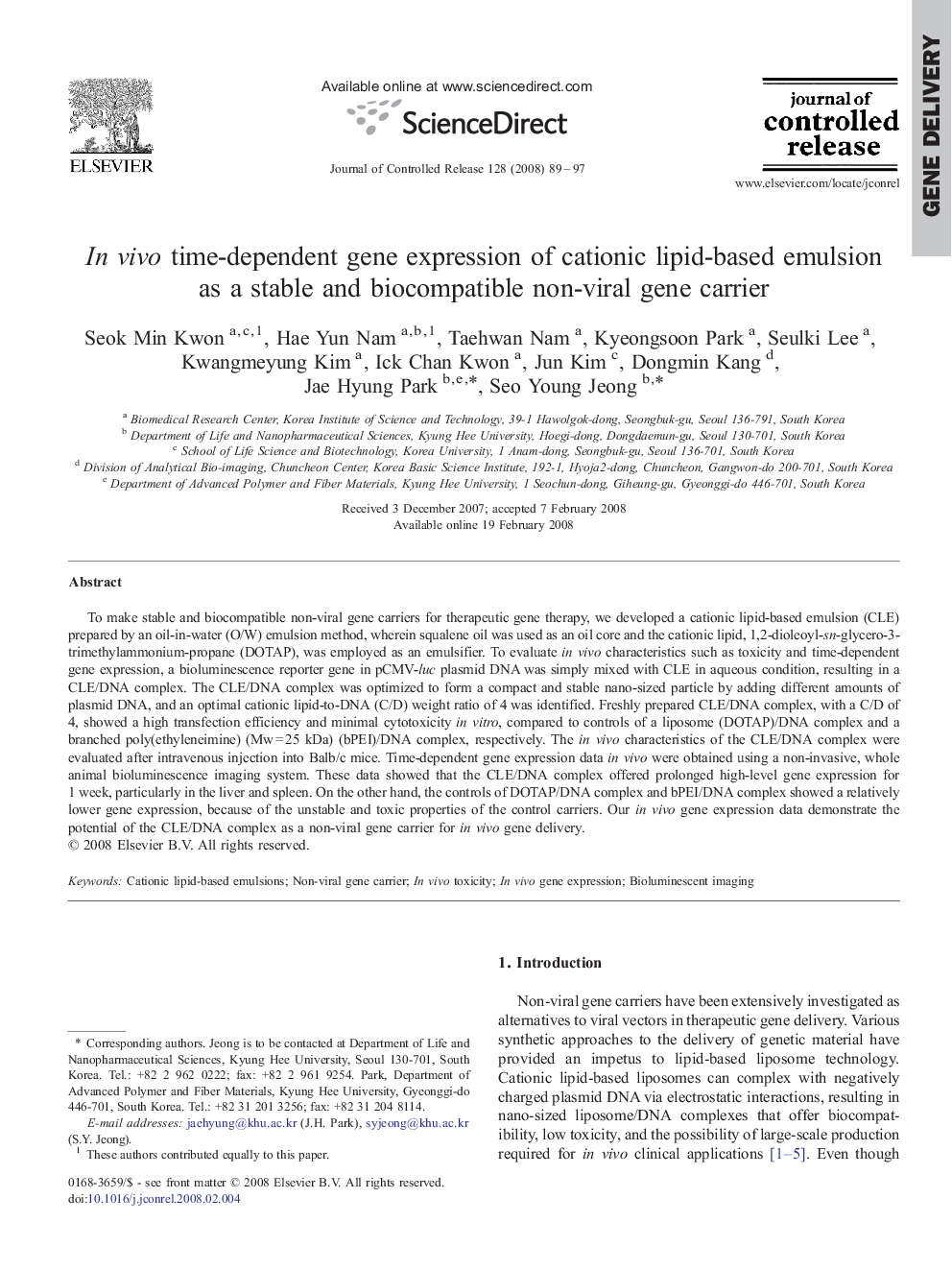 In vivo time-dependent gene expression of cationic lipid-based emulsion as a stable and biocompatible non-viral gene carrier