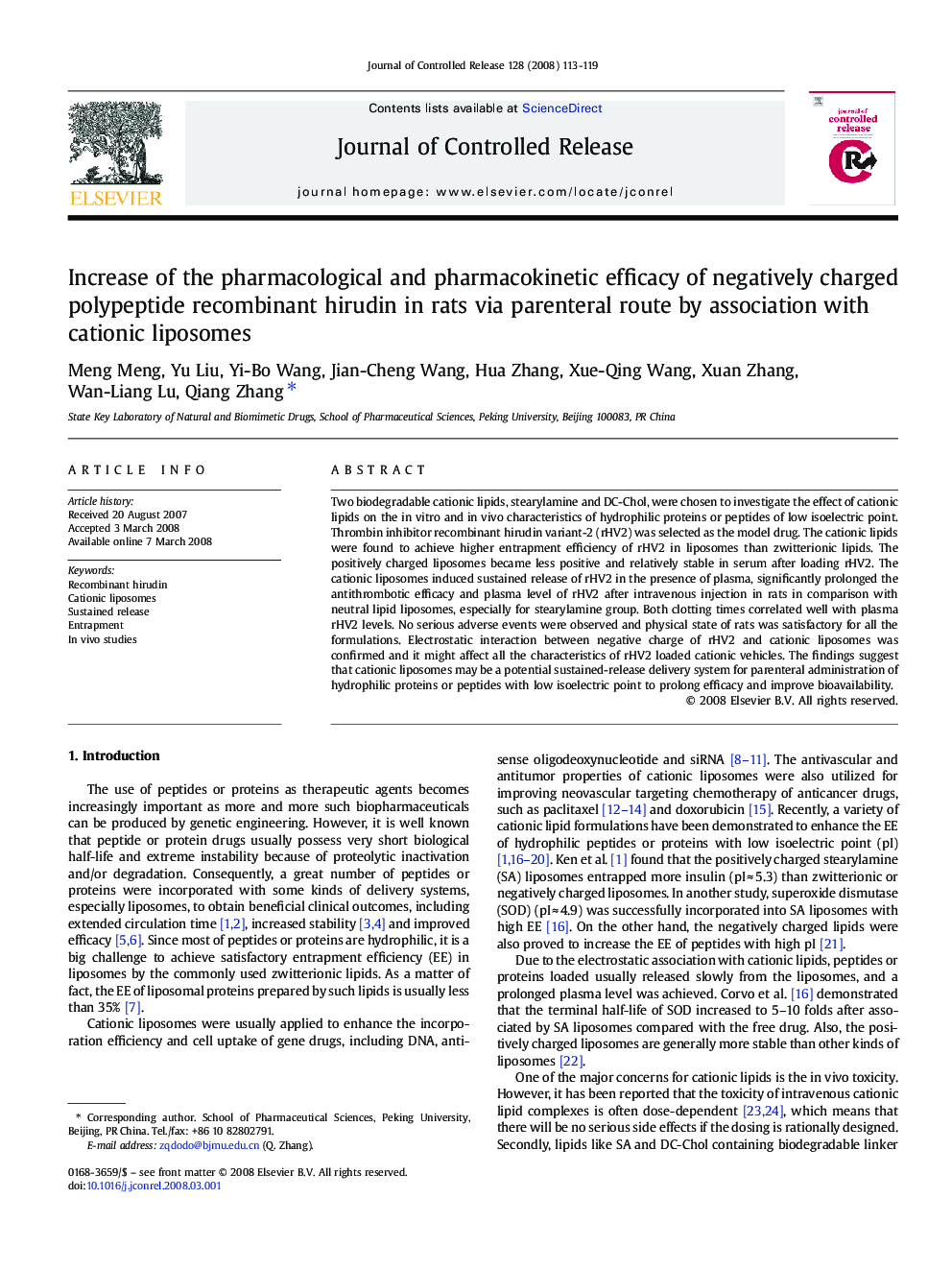 Increase of the pharmacological and pharmacokinetic efficacy of negatively charged polypeptide recombinant hirudin in rats via parenteral route by association with cationic liposomes