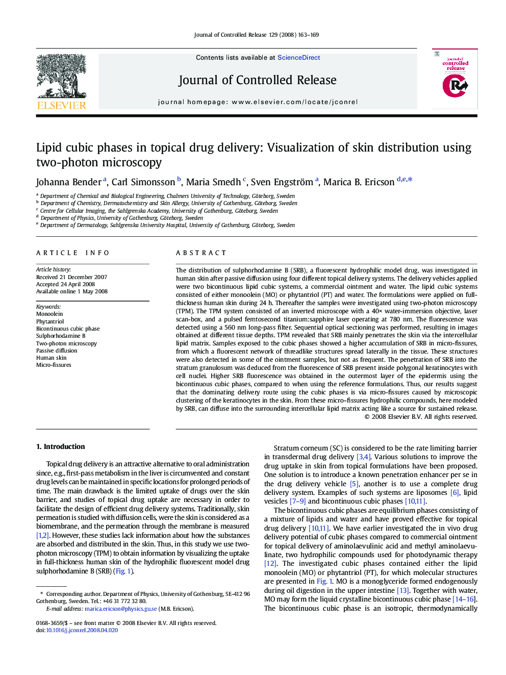 Lipid cubic phases in topical drug delivery: Visualization of skin distribution using two-photon microscopy