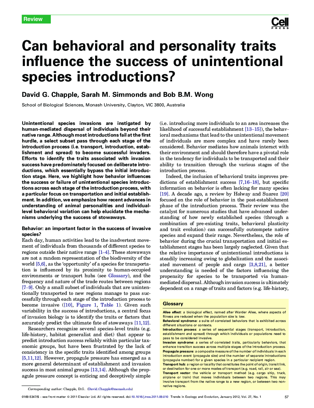 Can behavioral and personality traits influence the success of unintentional species introductions?