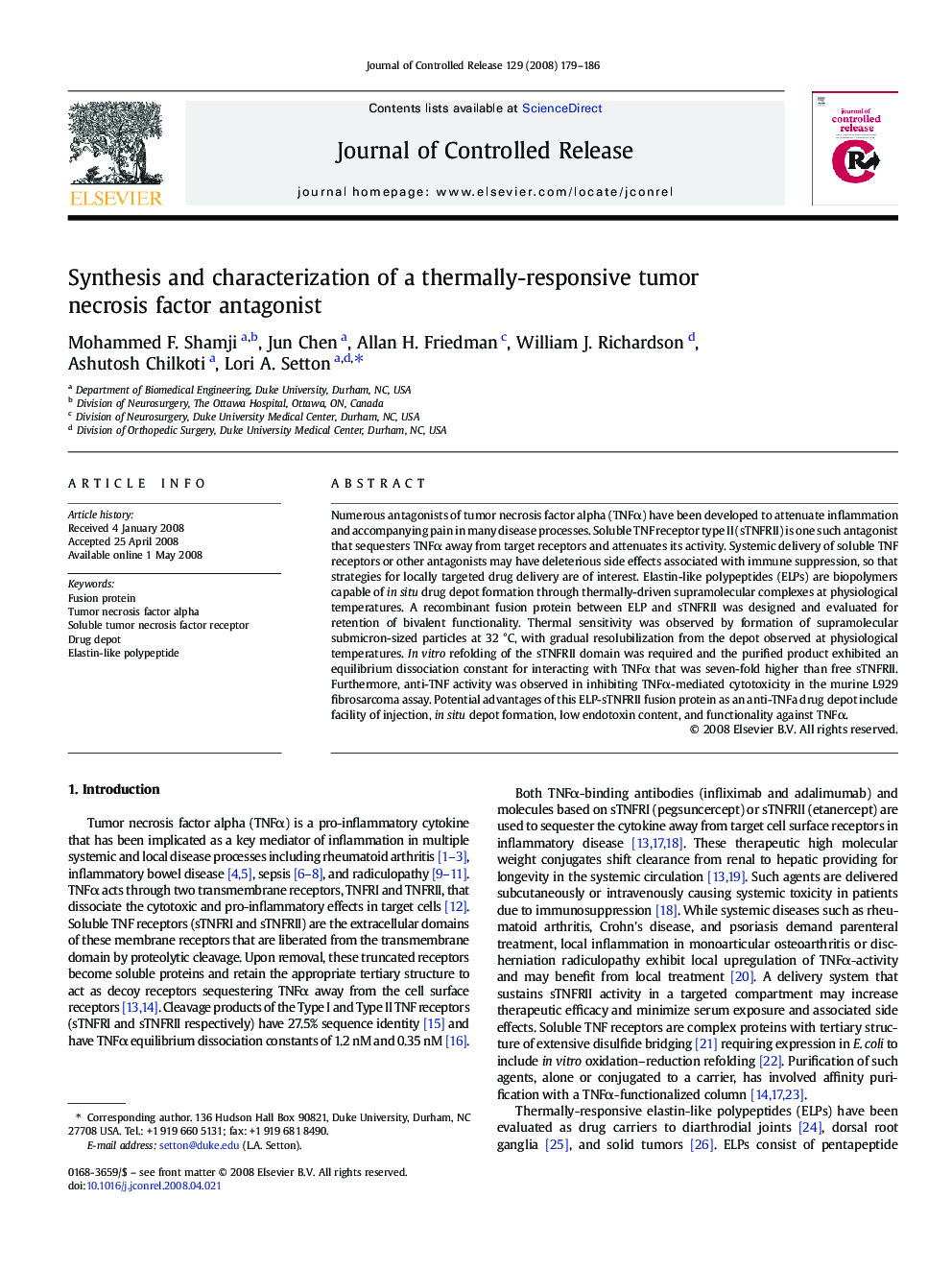 Synthesis and characterization of a thermally-responsive tumor necrosis factor antagonist