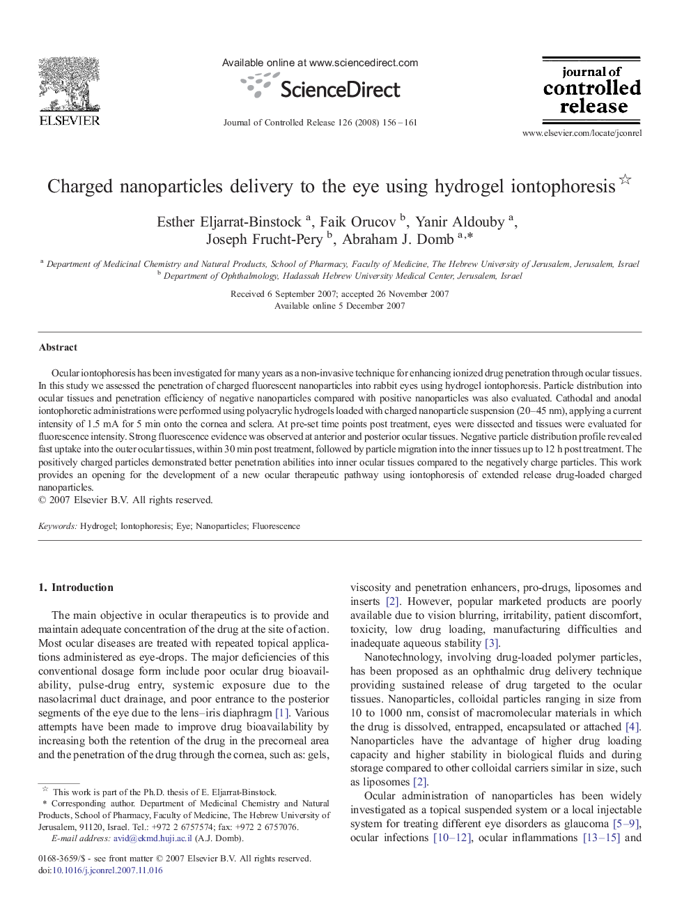 Charged nanoparticles delivery to the eye using hydrogel iontophoresis 