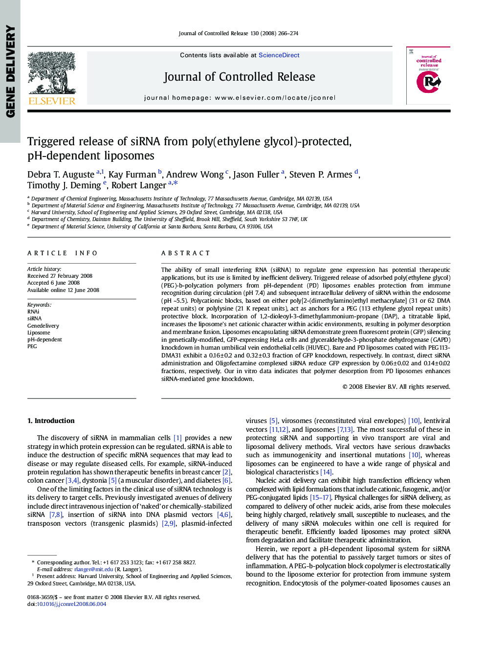 Triggered release of siRNA from poly(ethylene glycol)-protected, pH-dependent liposomes