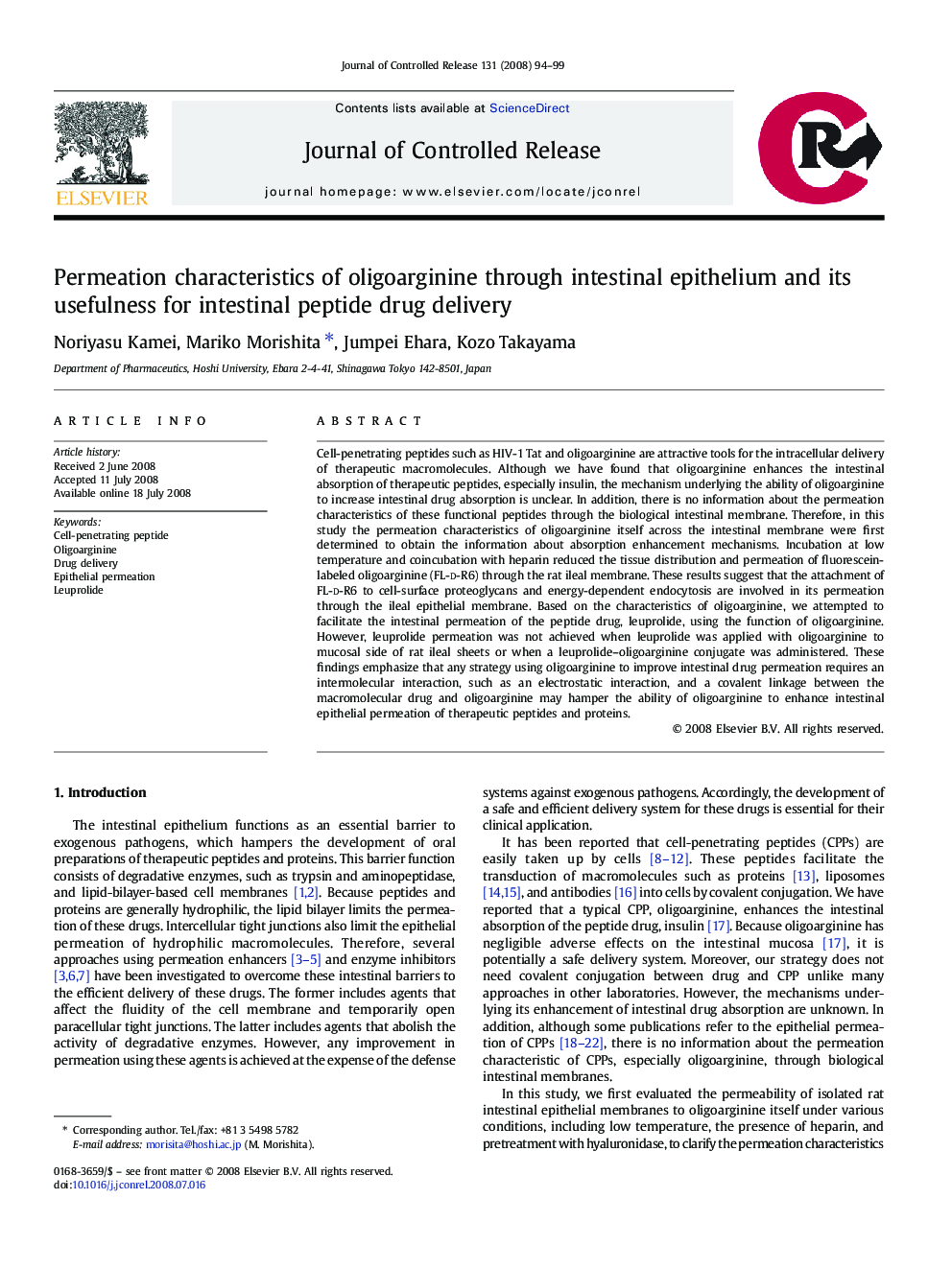 Permeation characteristics of oligoarginine through intestinal epithelium and its usefulness for intestinal peptide drug delivery