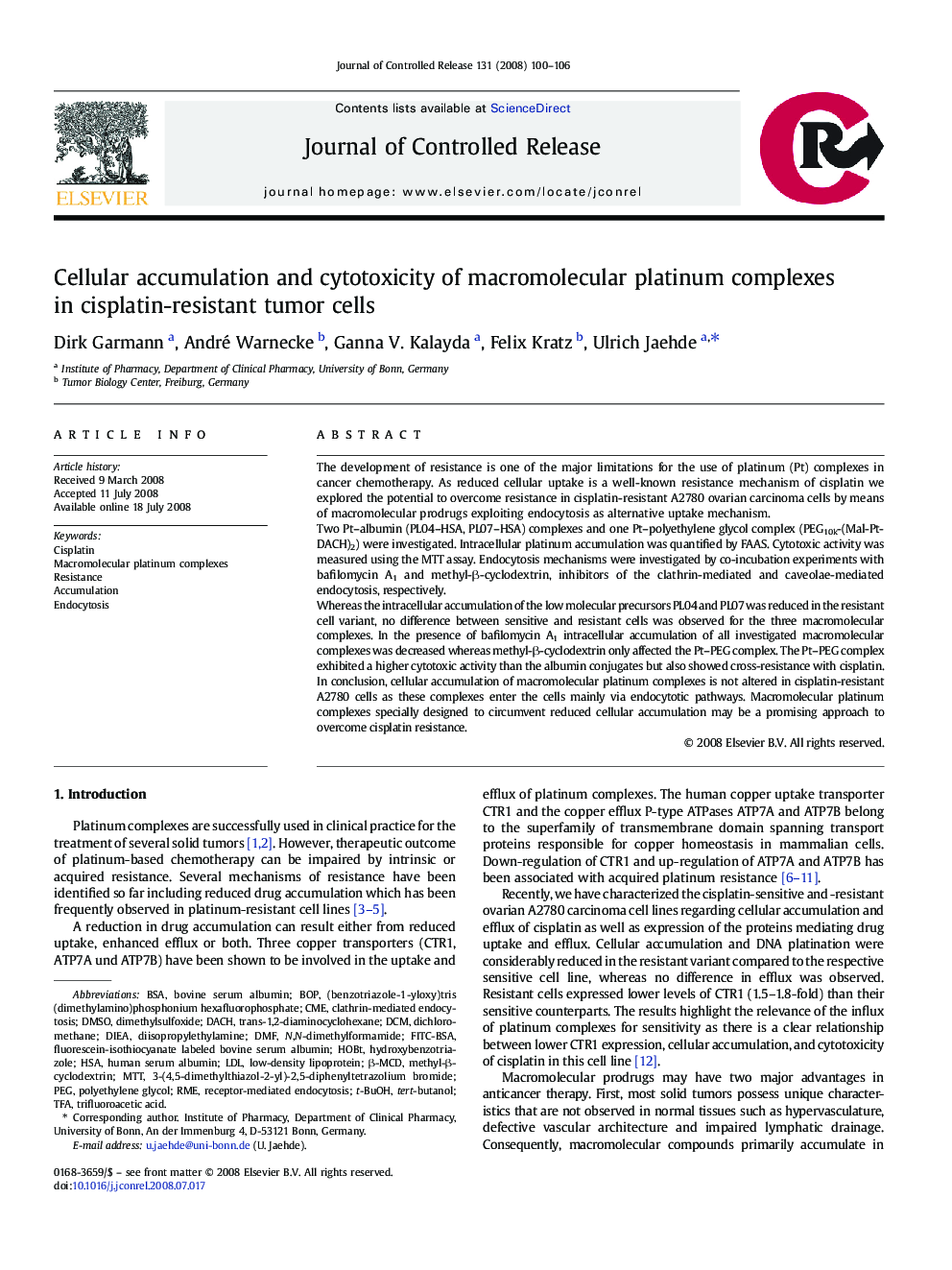 Cellular accumulation and cytotoxicity of macromolecular platinum complexes in cisplatin-resistant tumor cells