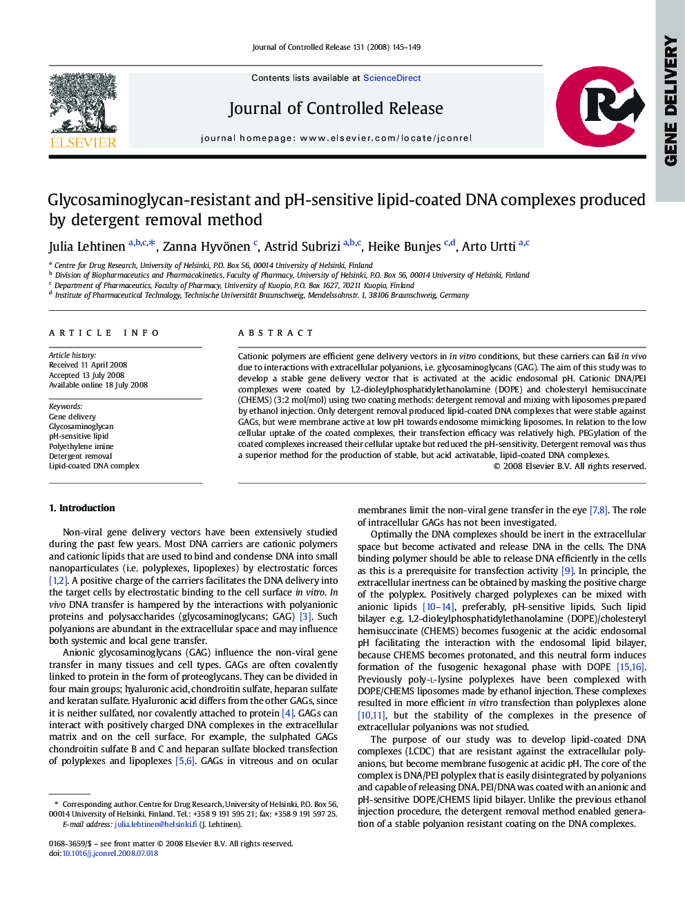 Glycosaminoglycan-resistant and pH-sensitive lipid-coated DNA complexes produced by detergent removal method