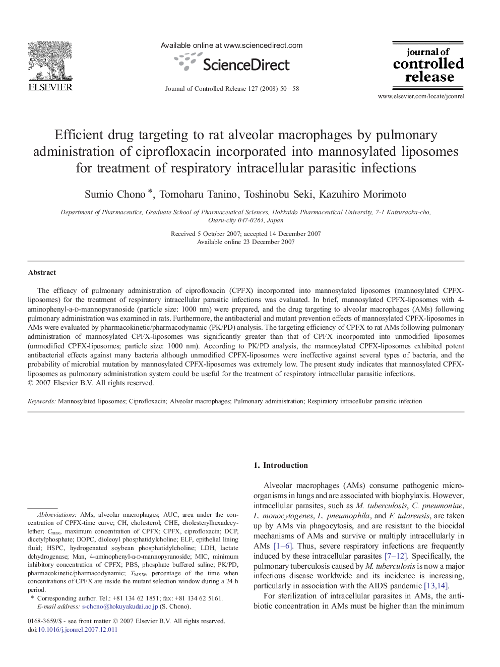 Efficient drug targeting to rat alveolar macrophages by pulmonary administration of ciprofloxacin incorporated into mannosylated liposomes for treatment of respiratory intracellular parasitic infections