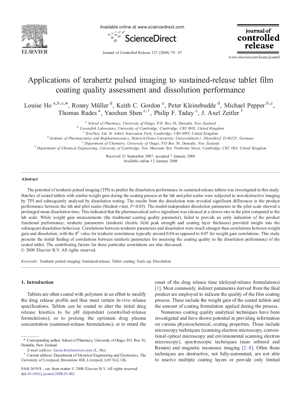 Applications of terahertz pulsed imaging to sustained-release tablet film coating quality assessment and dissolution performance