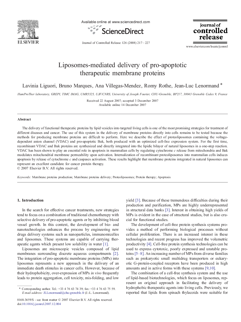 Liposomes-mediated delivery of pro-apoptotic therapeutic membrane proteins