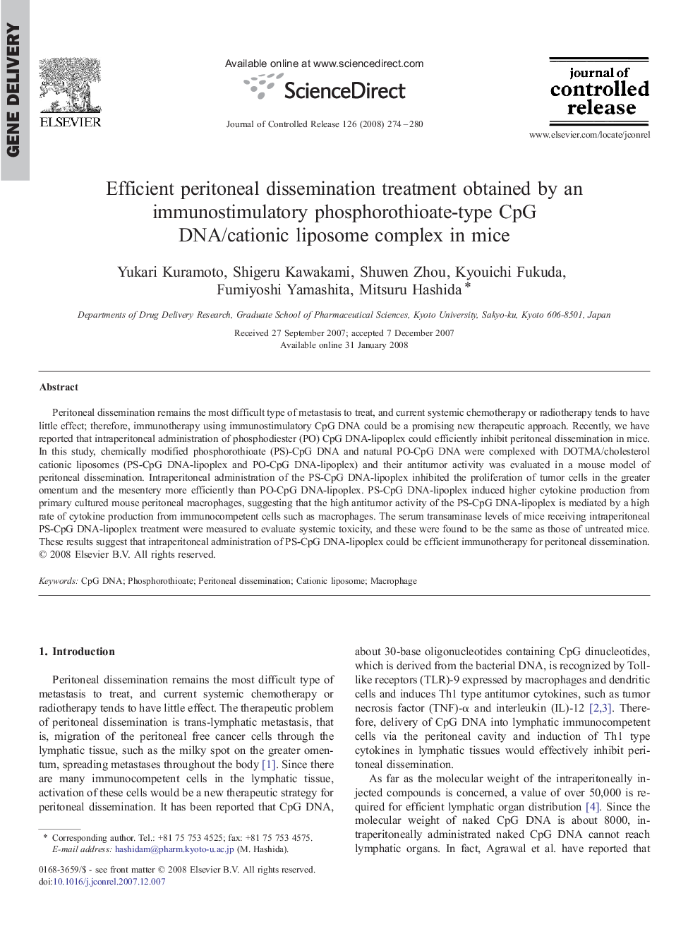 Efficient peritoneal dissemination treatment obtained by an immunostimulatory phosphorothioate-type CpG DNA/cationic liposome complex in mice