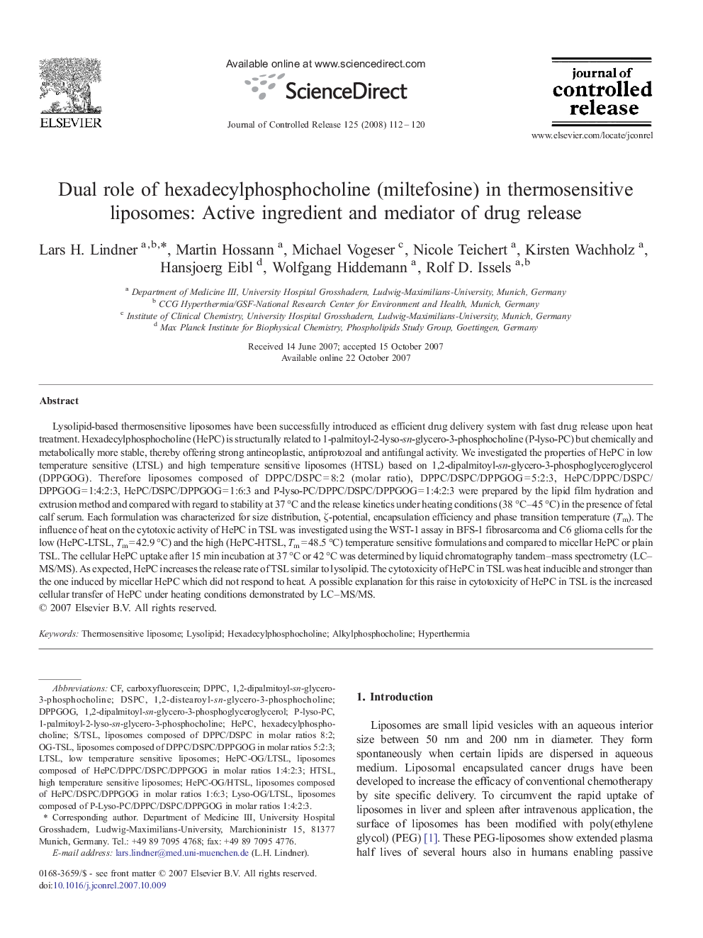 Dual role of hexadecylphosphocholine (miltefosine) in thermosensitive liposomes: Active ingredient and mediator of drug release