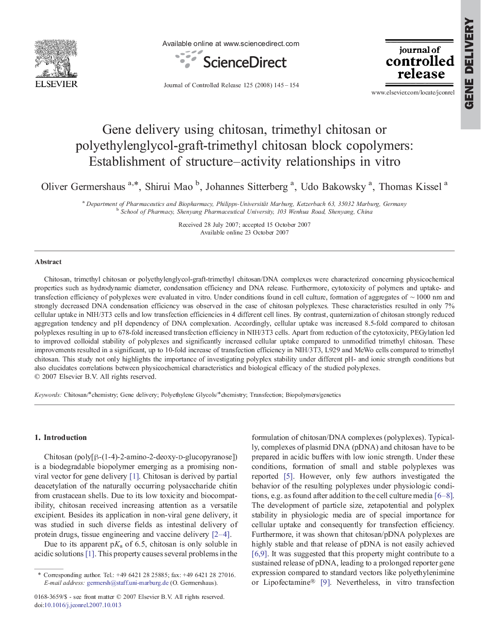 Gene delivery using chitosan, trimethyl chitosan or polyethylenglycol-graft-trimethyl chitosan block copolymers: Establishment of structure–activity relationships in vitro