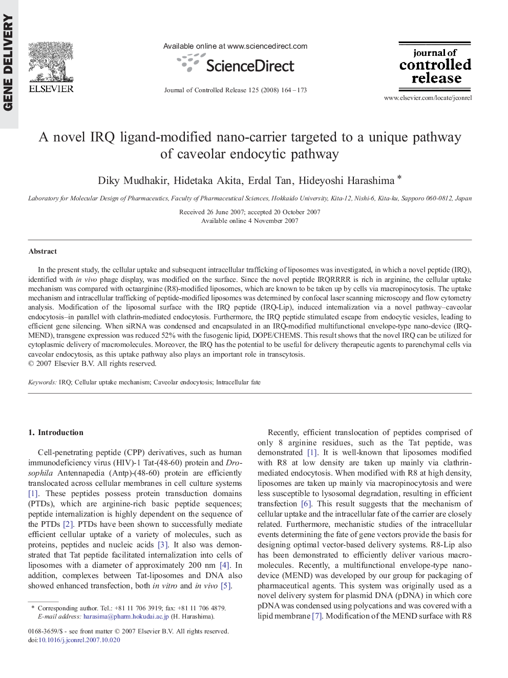 A novel IRQ ligand-modified nano-carrier targeted to a unique pathway of caveolar endocytic pathway