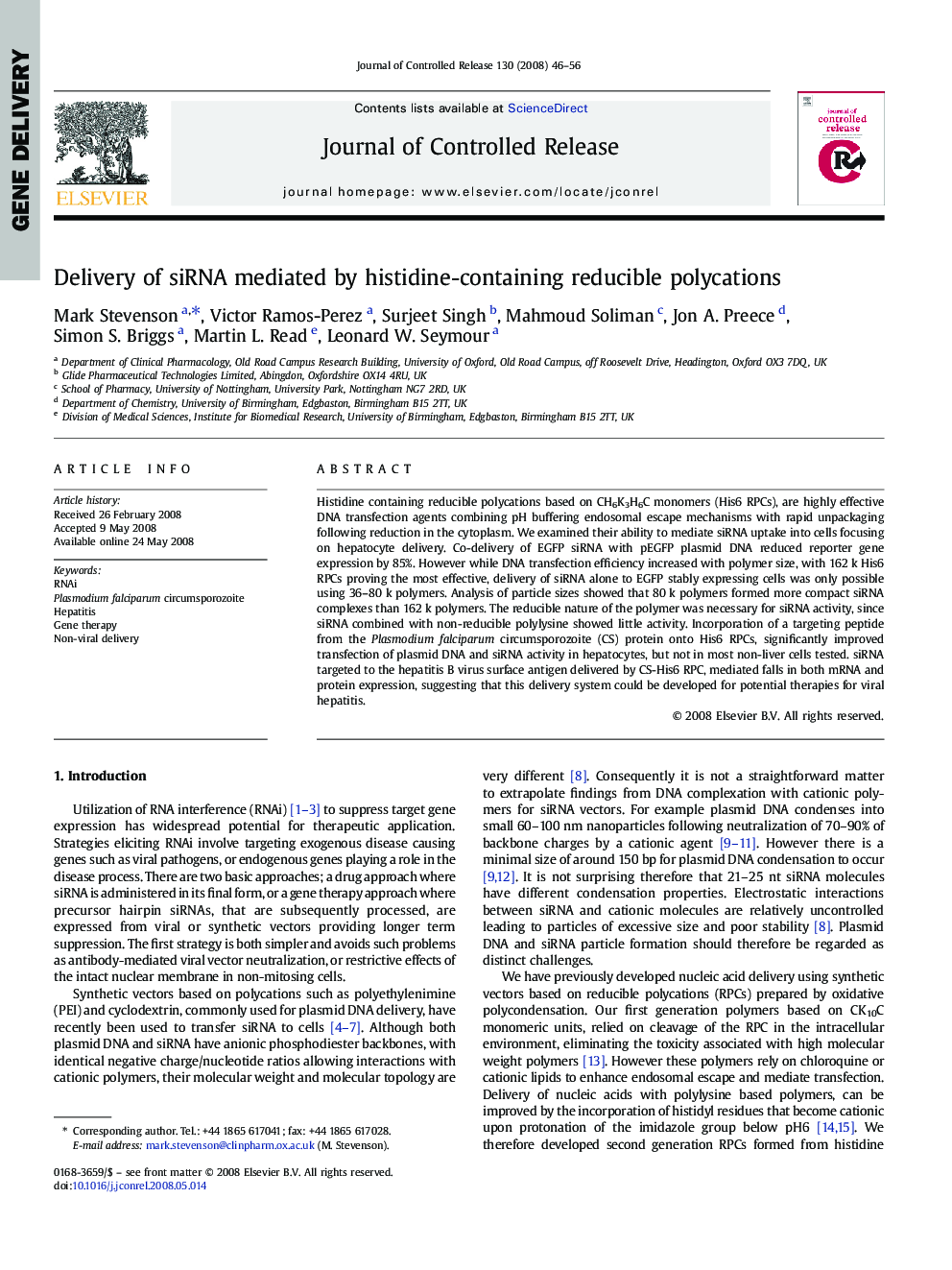 Delivery of siRNA mediated by histidine-containing reducible polycations