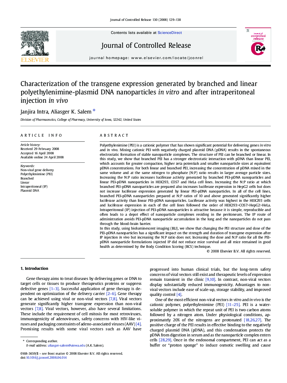 Characterization of the transgene expression generated by branched and linear polyethylenimine-plasmid DNA nanoparticles in vitro and after intraperitoneal injection in vivo