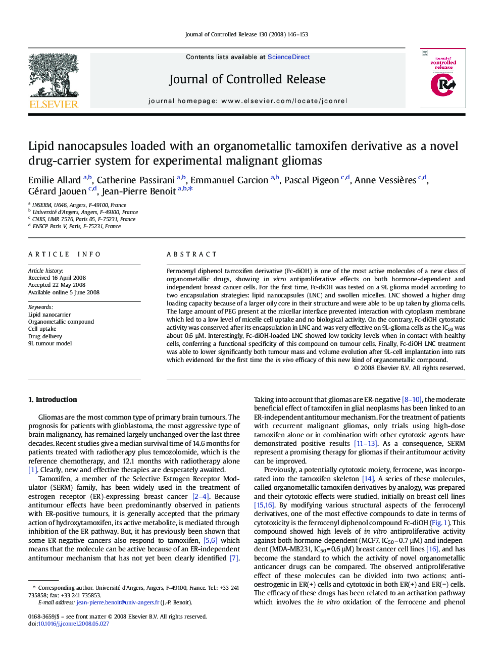 Lipid nanocapsules loaded with an organometallic tamoxifen derivative as a novel drug-carrier system for experimental malignant gliomas