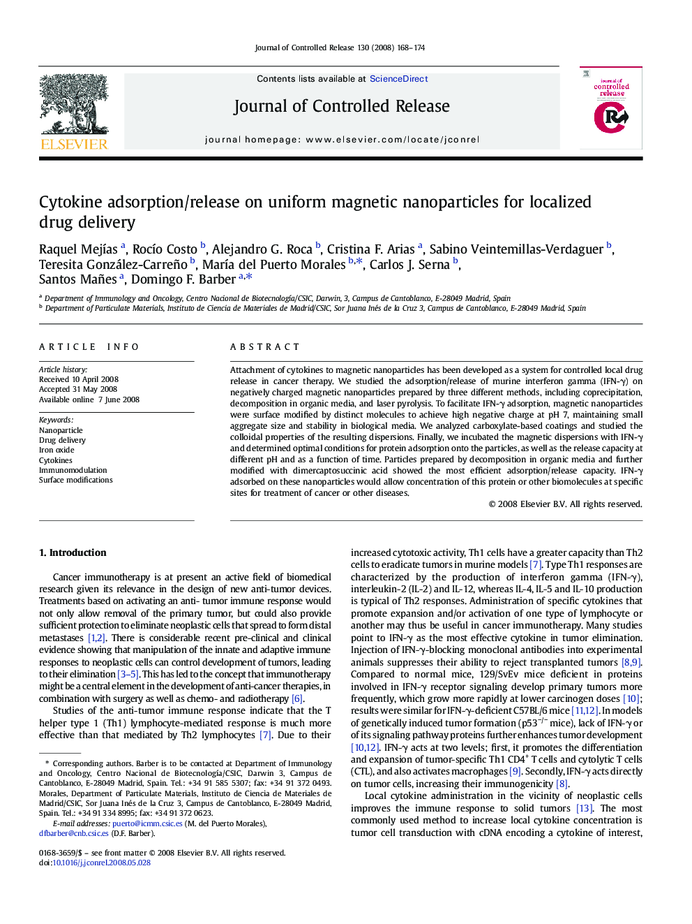 Cytokine adsorption/release on uniform magnetic nanoparticles for localized drug delivery