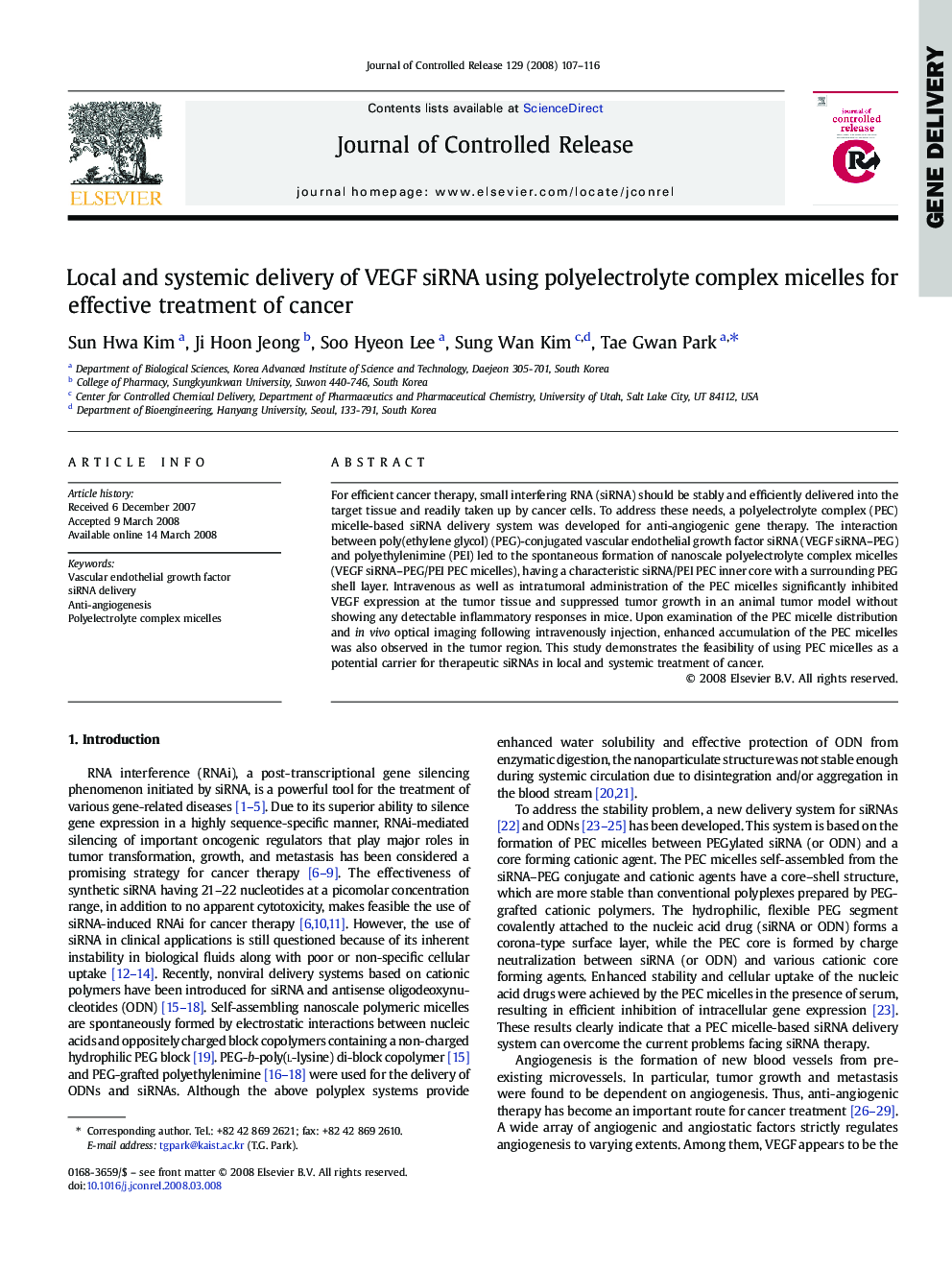 Local and systemic delivery of VEGF siRNA using polyelectrolyte complex micelles for effective treatment of cancer