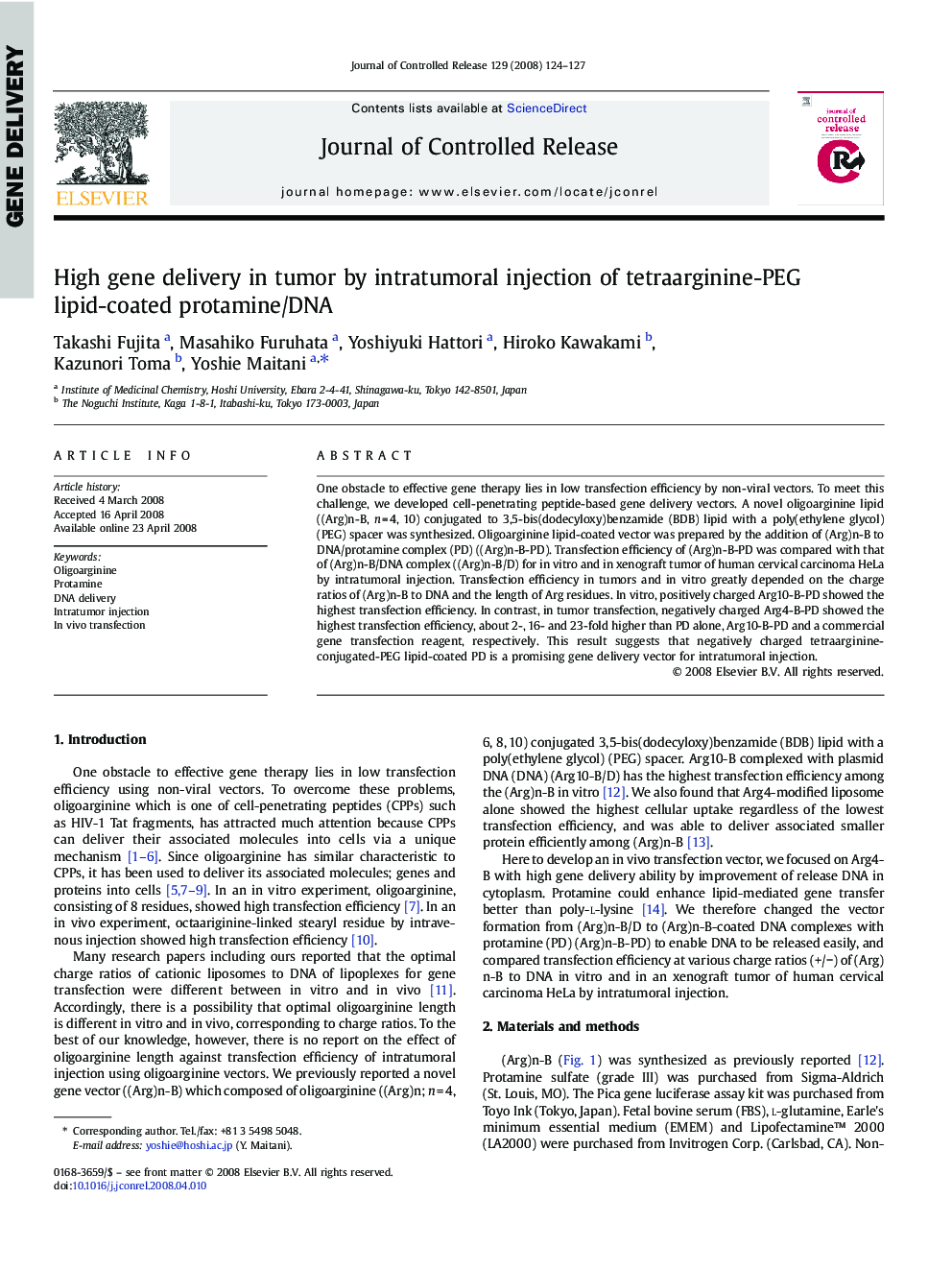 High gene delivery in tumor by intratumoral injection of tetraarginine-PEG lipid-coated protamine/DNA