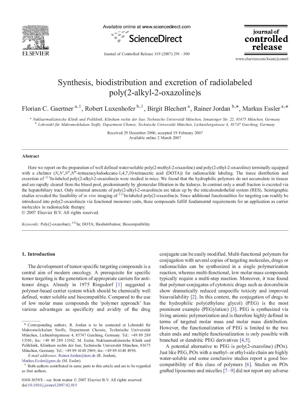 Synthesis, biodistribution and excretion of radiolabeled poly(2-alkyl-2-oxazoline)s