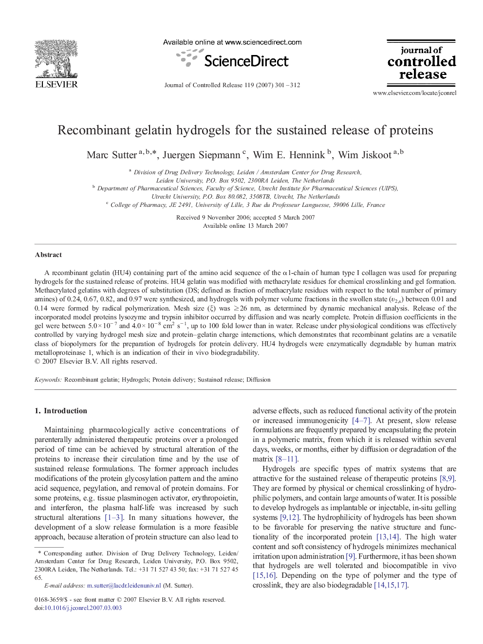 Recombinant gelatin hydrogels for the sustained release of proteins