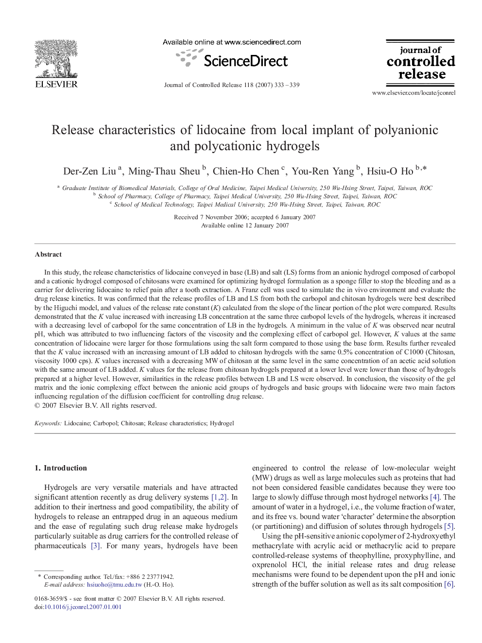 Release characteristics of lidocaine from local implant of polyanionic and polycationic hydrogels