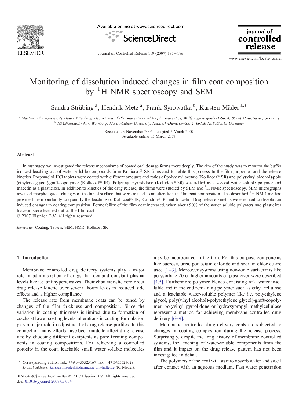 Monitoring of dissolution induced changes in film coat composition by 1H NMR spectroscopy and SEM