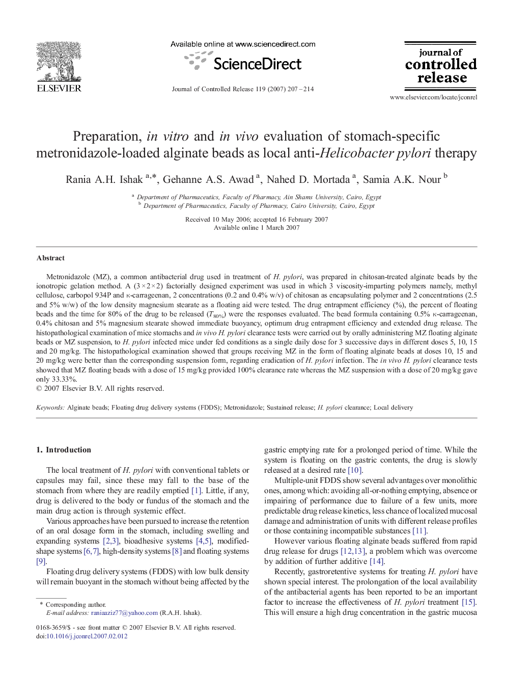 Preparation, in vitro and in vivo evaluation of stomach-specific metronidazole-loaded alginate beads as local anti-Helicobacter pylori therapy