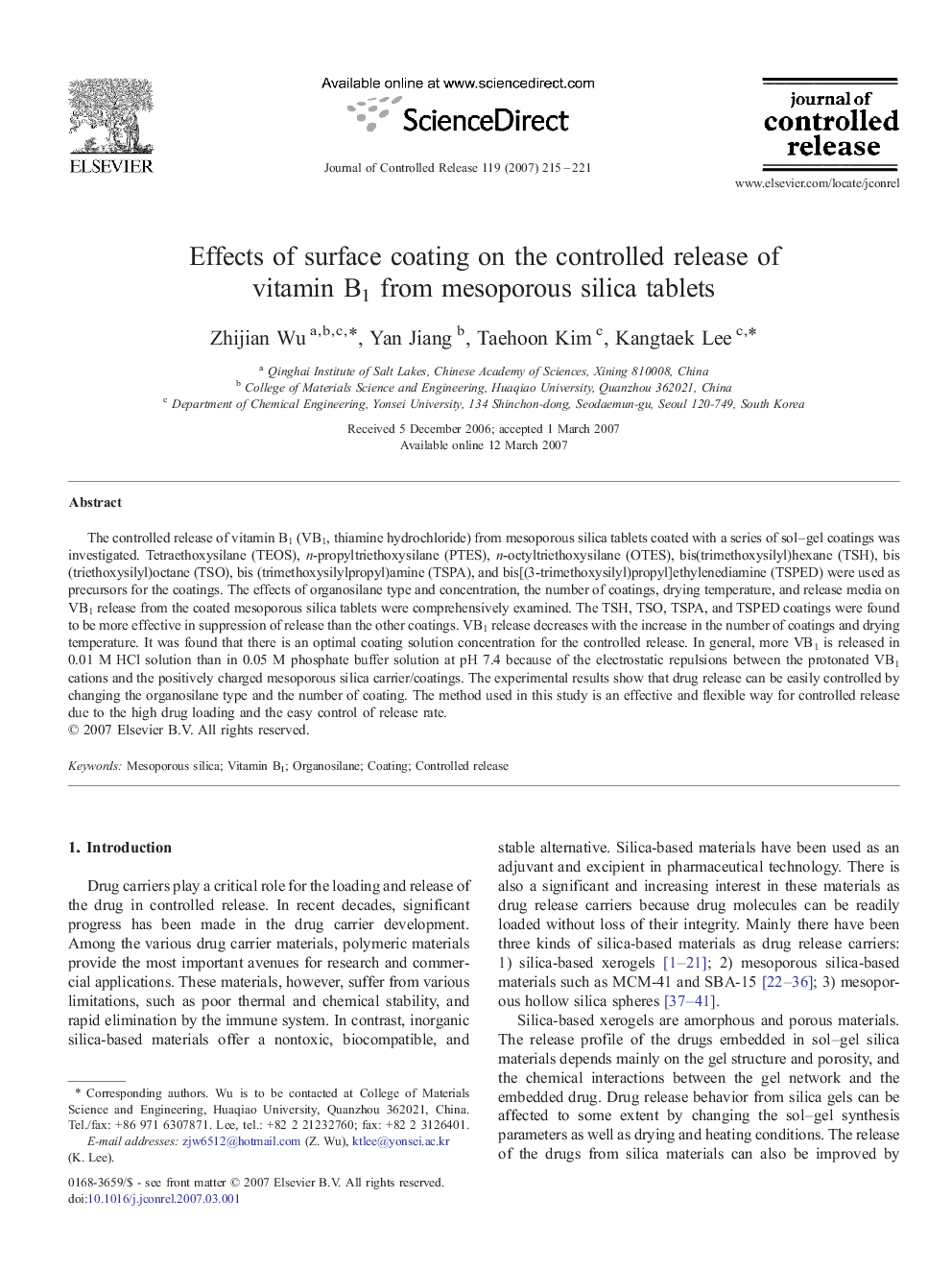 Effects of surface coating on the controlled release of vitamin B1 from mesoporous silica tablets