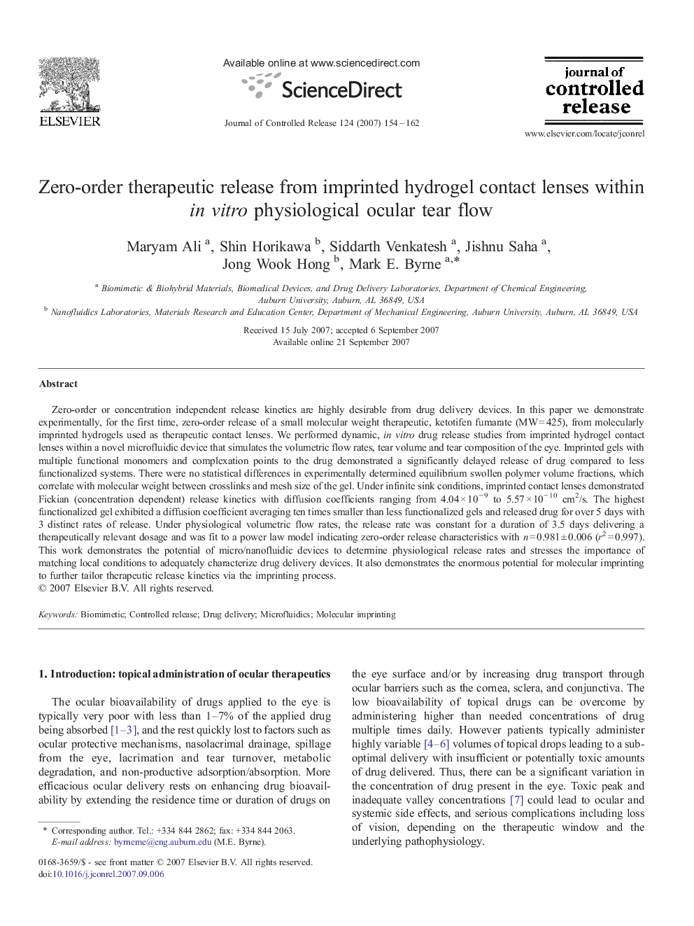 Zero-order therapeutic release from imprinted hydrogel contact lenses within in vitro physiological ocular tear flow