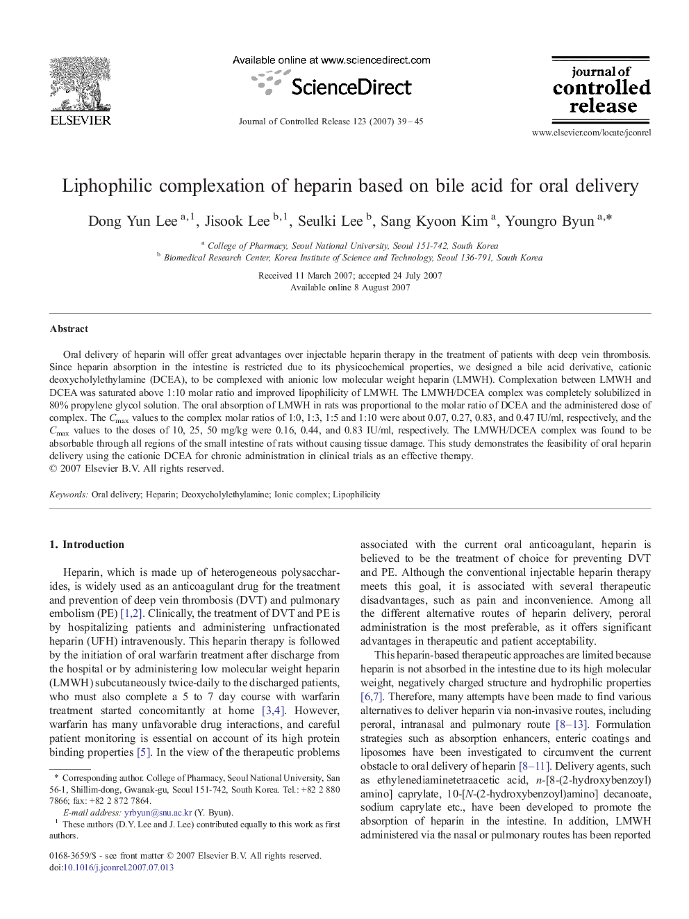 Liphophilic complexation of heparin based on bile acid for oral delivery