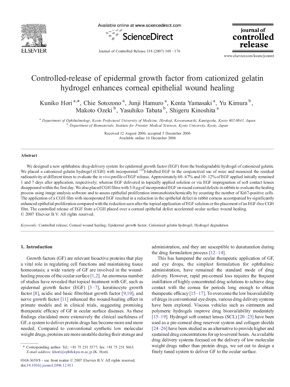 Controlled-release of epidermal growth factor from cationized gelatin hydrogel enhances corneal epithelial wound healing